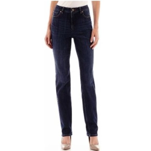 🌼 Liz Claiborne Stretch Denim Mid Rise Straight Leg Jeans, Dark Wash 6 - Picture 1 of 7